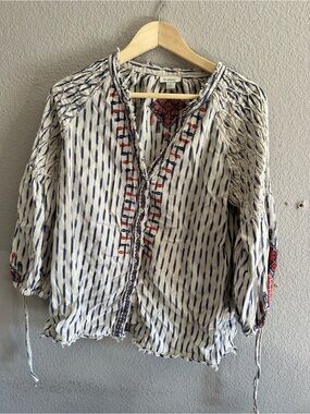 Sundance zhanna Sunset Top Navy & Red Striped Embroidered Peasant Blouse